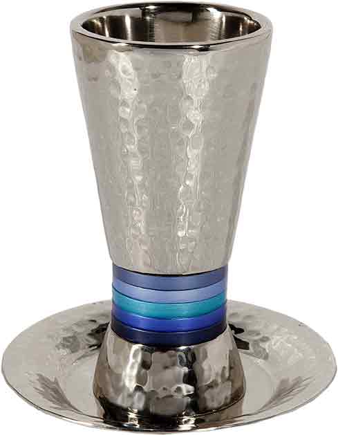 Emanuel Hammered Kiddush Cup Cone Shape- Blue Rings (EM-CUT2) - Riverdale Judaica