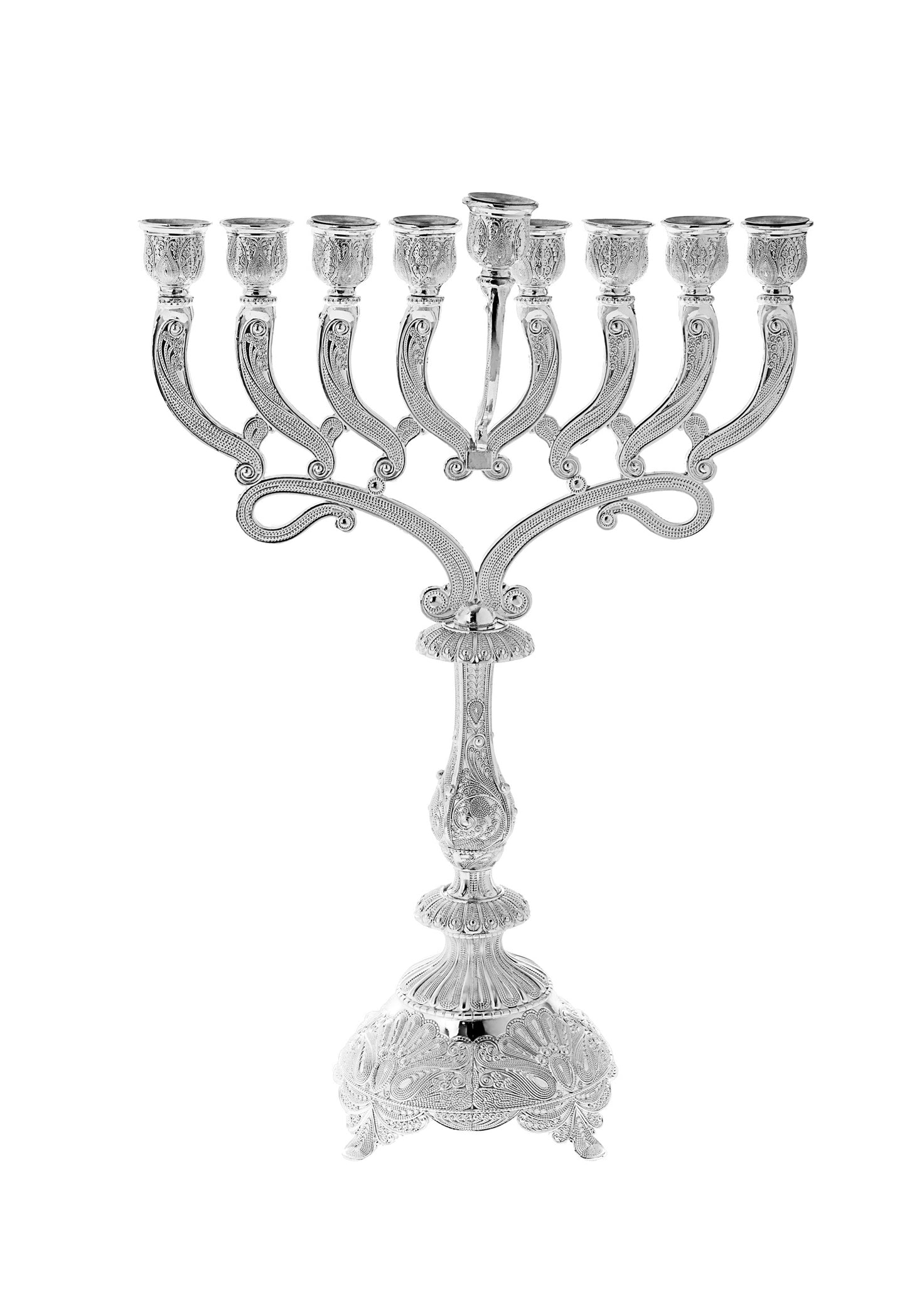 Modern Silver Plated Menorah with Filigree Design, 16"