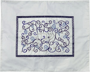 Embroidered Challah Cover Pomegranates White / Blue (EM-CMD2) - Riverdale Judaica