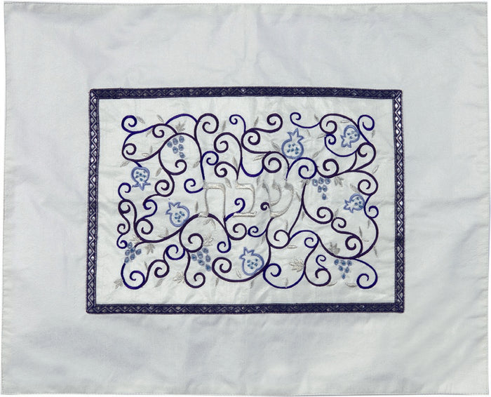 Embroidered Challah Cover Pomegranates White / Blue (EM-CMD2)