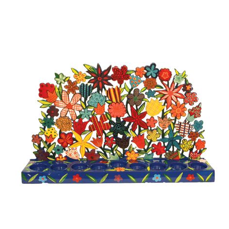 Large Painted Lazer Cut-out Chanukah Menorah Tea Lights - Flowers (EM-HMX2)