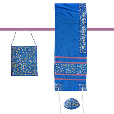Yair emanuel Embroidered Raw Silk Women Tallit - Tallisack - Flowers Blue 16" X 70"  TAB-1B - Riverdale Judaica