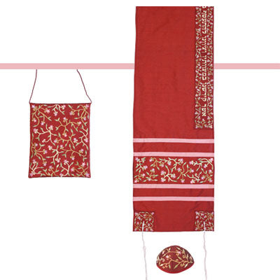 Yair emanuel Embroidered Raw Silk Women Tallit - Tallisack - Flowers Maroon 16" X 70"  TAB-1M
