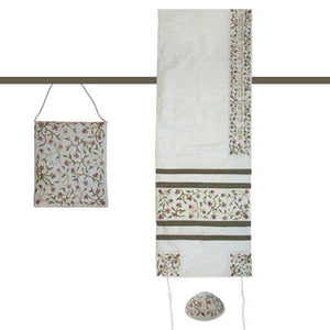 Yair emanuel Embroidered Raw Silk Women Tallit - Tallisack - Flowers White 16" X 70"  TAB-1W - Riverdale Judaica