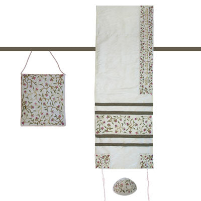Yair emanuel Embroidered Raw Silk Women Tallit - Tallisack - Flowers White 16" X 70"  TAB-1W