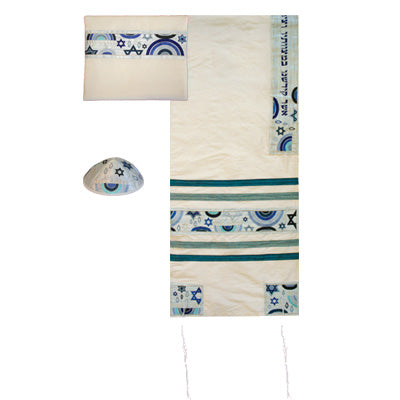Yair emanuel Embroidered Raw Silk Tallit - David Star Rainbow - Blue 16" X 70"  TAB-3B - Riverdale Judaica