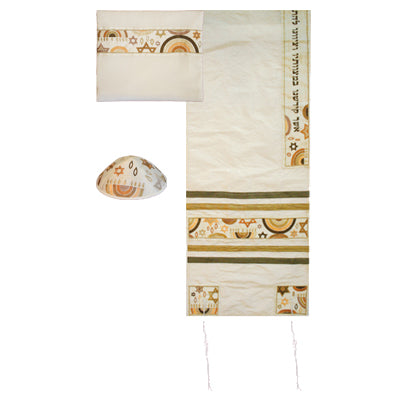 Yair emanuel Embroidered Raw Silk Tallit - David Star Rainbow -  Gold 16" X 70"  TAB-3G