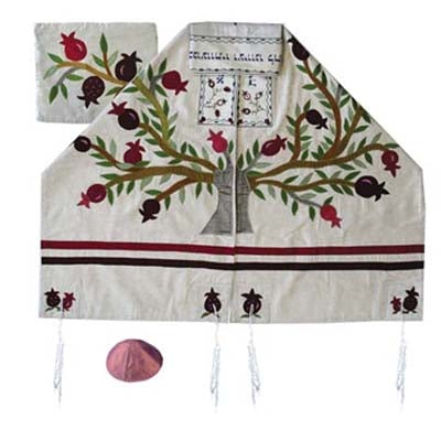 Yair emanuel Embroidered Raw Silk Tallit  - Tree of life - Pomegranates white TFA-11 - Riverdale Judaica