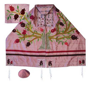 Yair emanuel Embroidered Raw Silk Tallit  - Tree of life - Pomegranates pink TFA-12 - Riverdale Judaica
