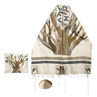 Yair emanuel Embroidered Raw Silk Tallit  - Tree of life TFA-2 - Riverdale Judaica