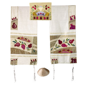 Yair emanuel Embroidered Raw Silk Tallit  - Pomegranates in gold TFA-4 - Riverdale Judaica