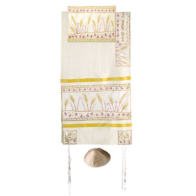 Yair emanuel Embroidered Raw Silk Tallit - Sheaves of wheat TFA-6 - Riverdale Judaica
