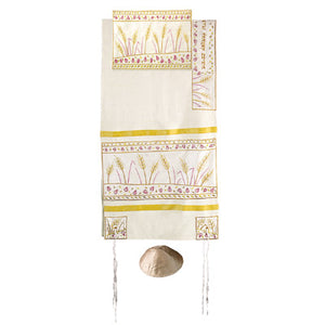 Yair emanuel Embroidered Raw Silk Tallit - Sheaves of wheat TFA-6 - Riverdale Judaica