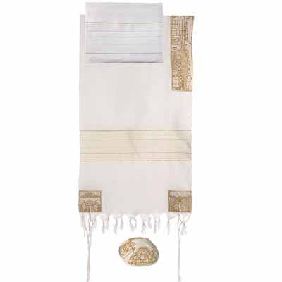Yair Emanuel Embroidered Cotton Tallit  - Jerusalem in gold THE-3 - Riverdale Judaica