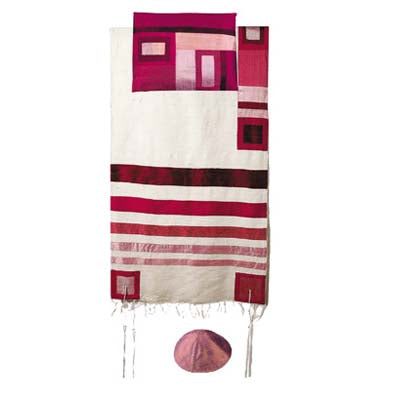 Yair emanuel Raw Silk Tallit with stripes  - Maroon on white  TRS-2