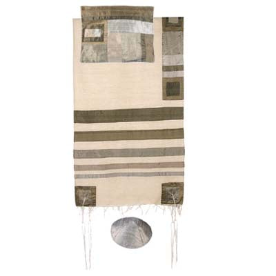 Yair emanuel Raw Silk Tallit with stripes -  Grey on white  TRS-4