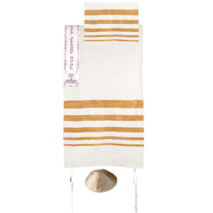 Yair emanuel hand woven Raw Silk Tallit with Embroidered Atara  - Orange TSW-5 - Riverdale Judaica
