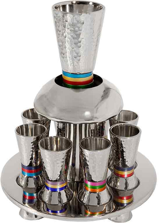 Emanuel Hammered Kiddush Fountain Cone Shape- Multicolor Rings (EM-FNA1) - Riverdale Judaica