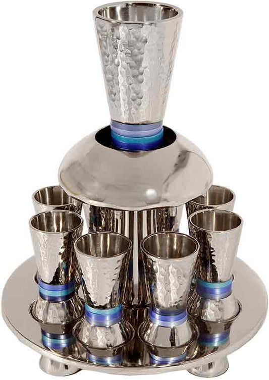 Emanuel Hammered Kiddush Fountain Cone Shape- Blue Rings (EM-FNA2) - Riverdale Judaica