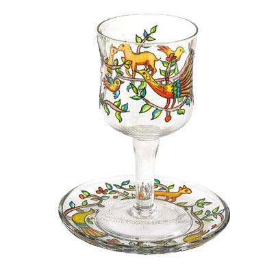 Oriental Glass Painted Kiddush Cup and Saucer