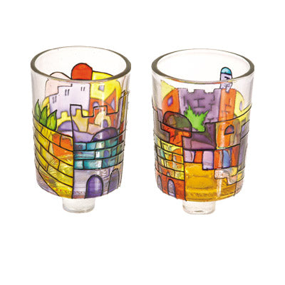 Multicolored Jerusalem Painted Glass candle Holder Pair