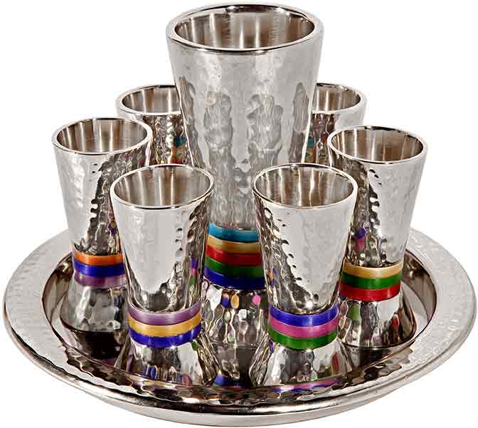 Emanuel Hammered Kiddush Set Cone Shape- Multicolor Rings (EM-GSC1) - Riverdale Judaica