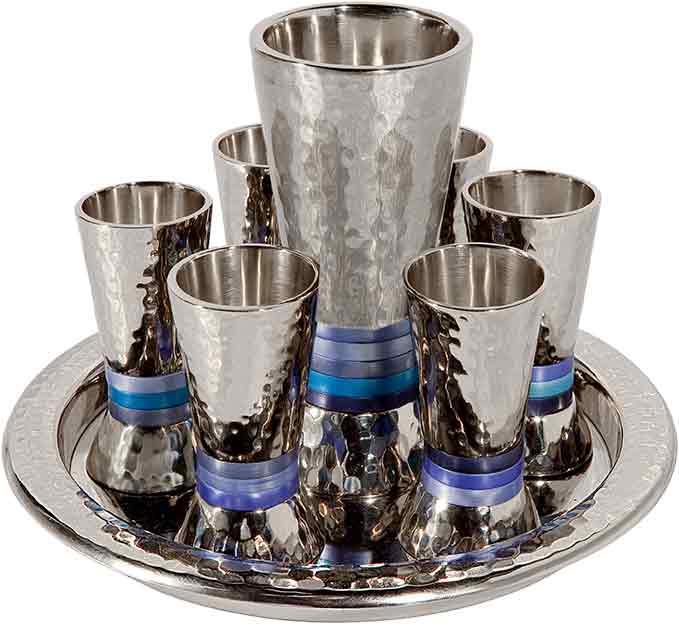 Emanuel Hammered Kiddush Set Cone Shape- Blue Rings (EM-GSC2) - Riverdale Judaica