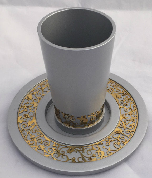 Emanuel Anodized Aluminum Kiddush Cup with Lace Design-- Silver (EM-CUJ1) - Riverdale Judaica