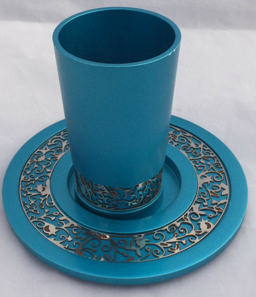 Emanuel Anodized Aluminum Kiddush Cup with Lace Design-- Turquoise(EM-CUJ2) - Riverdale Judaica