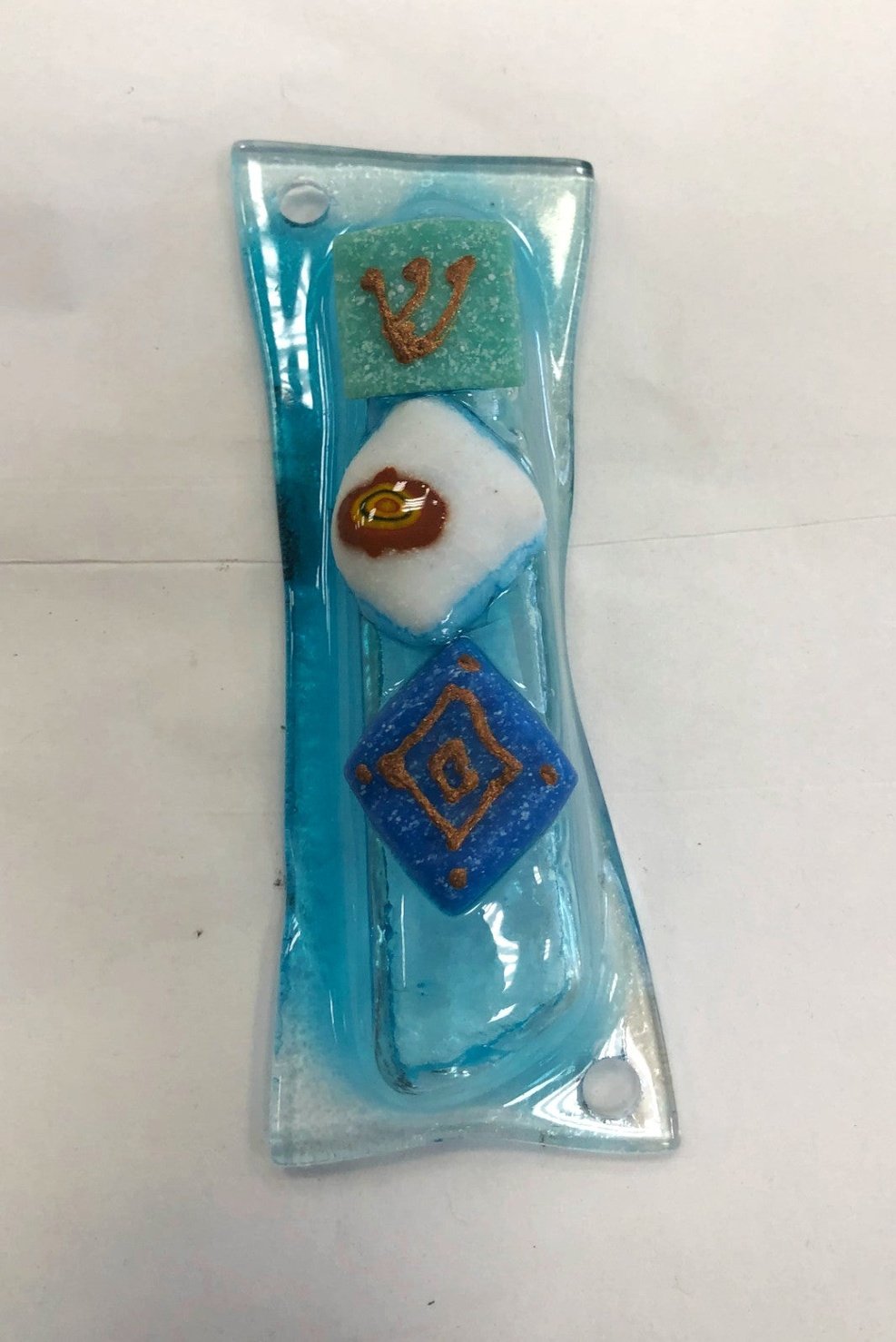 Handmade Glass Mezuzah Case - Blue & Green , 7cm, Made in Israel - Riverdale Judaica