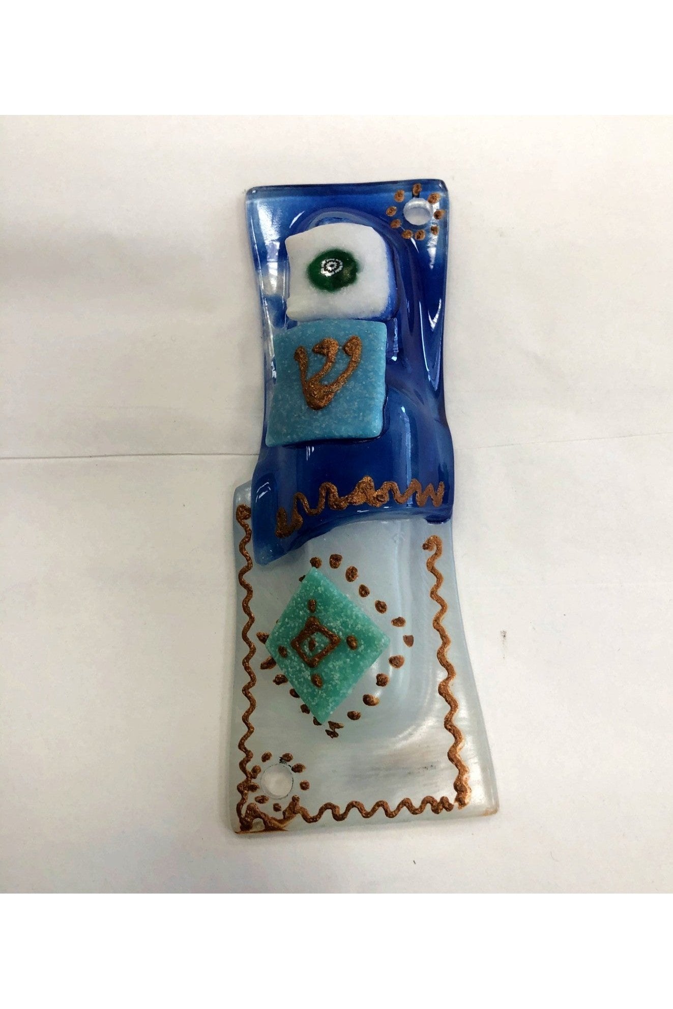 Handmade Glass Mezuzah Case - Blue & White , 7cm, Made in Israel - Riverdale Judaica