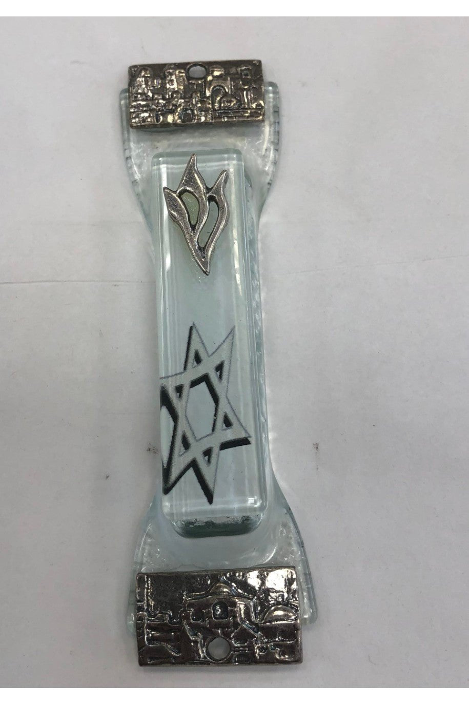 Glass and Metal Mezuzah Case with Jerusalem Motif - Star, 7 cm, Made in Israel - Riverdale Judaica