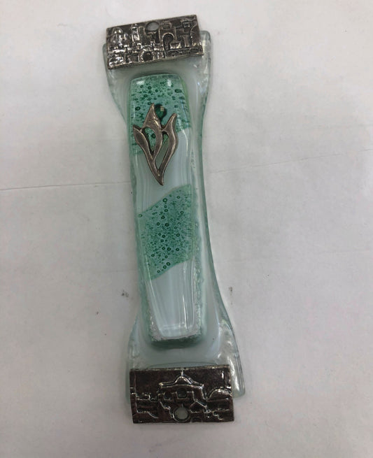 Glass and Metal Mezuzah Case with Jerusalem Motif - Turquoise, 7 cm, Made in Israel - Riverdale Judaica