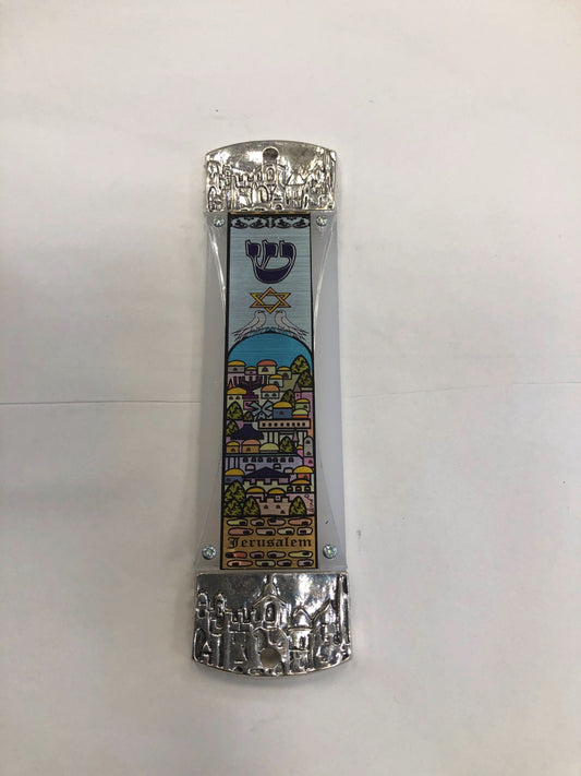 Glass and Metal Mezuzah Case with Jerusalem Motif - Jerusalem & Doves, 7 cm, Made in Israel - Riverdale Judaica