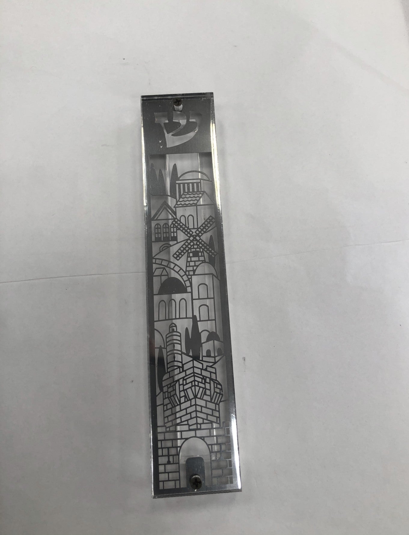 Perspex Mezuzah Case with Laser Cut Metal Plaque - Jerusalem, Made in Israel - Riverdale Judaica