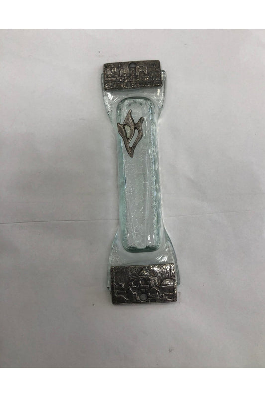 Glass and Metal Mezuzah Case with Jerusalem Motif - Clear, Made in Israel - Riverdale Judaica