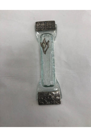 Glass and Metal Mezuzah Case with Jerusalem Motif - Clear, Made in Israel - Riverdale Judaica