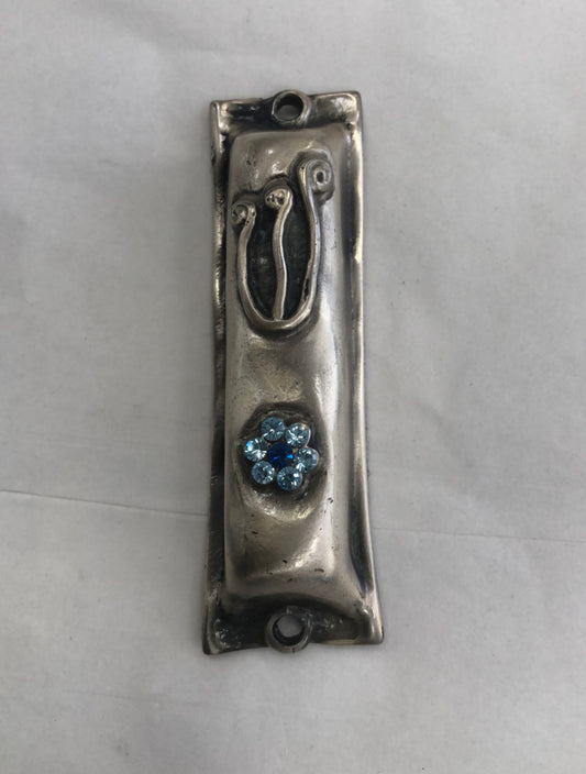 Handmade Mezuzah Case with Blue Floral Stones, Made in Israel - Riverdale Judaica