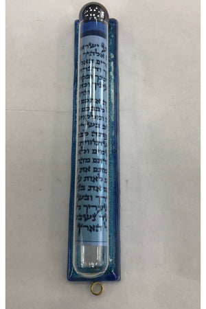 Handmade Glass Mezuzah Case with Transparent Tube, Blue - Riverdale Judaica