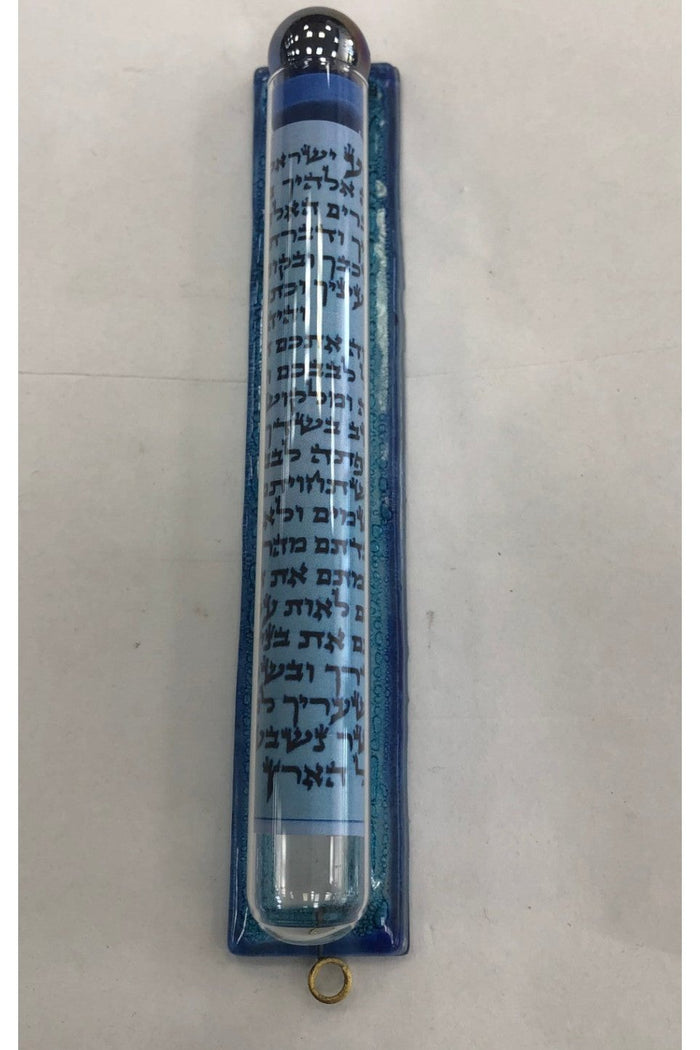 Handmade Glass Mezuzah Case with Transparent Tube, Blue