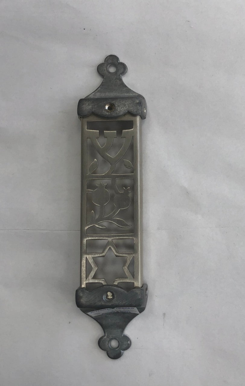 Metal Mezuzah Case with Pomegranate and Star, Made in Israel - Riverdale Judaica