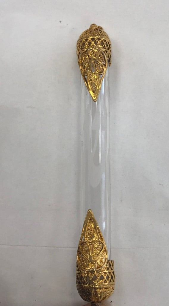 Glass Mezuzah Case with Gold Colored Caps, Transparent - Riverdale Judaica