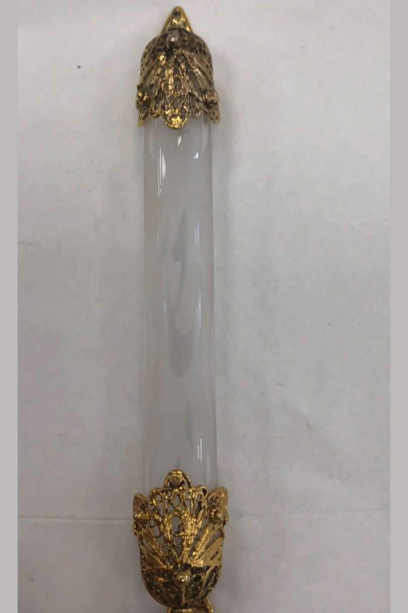 Glass Mezuzah Case with Gold Colored Caps, Frosted - Riverdale Judaica