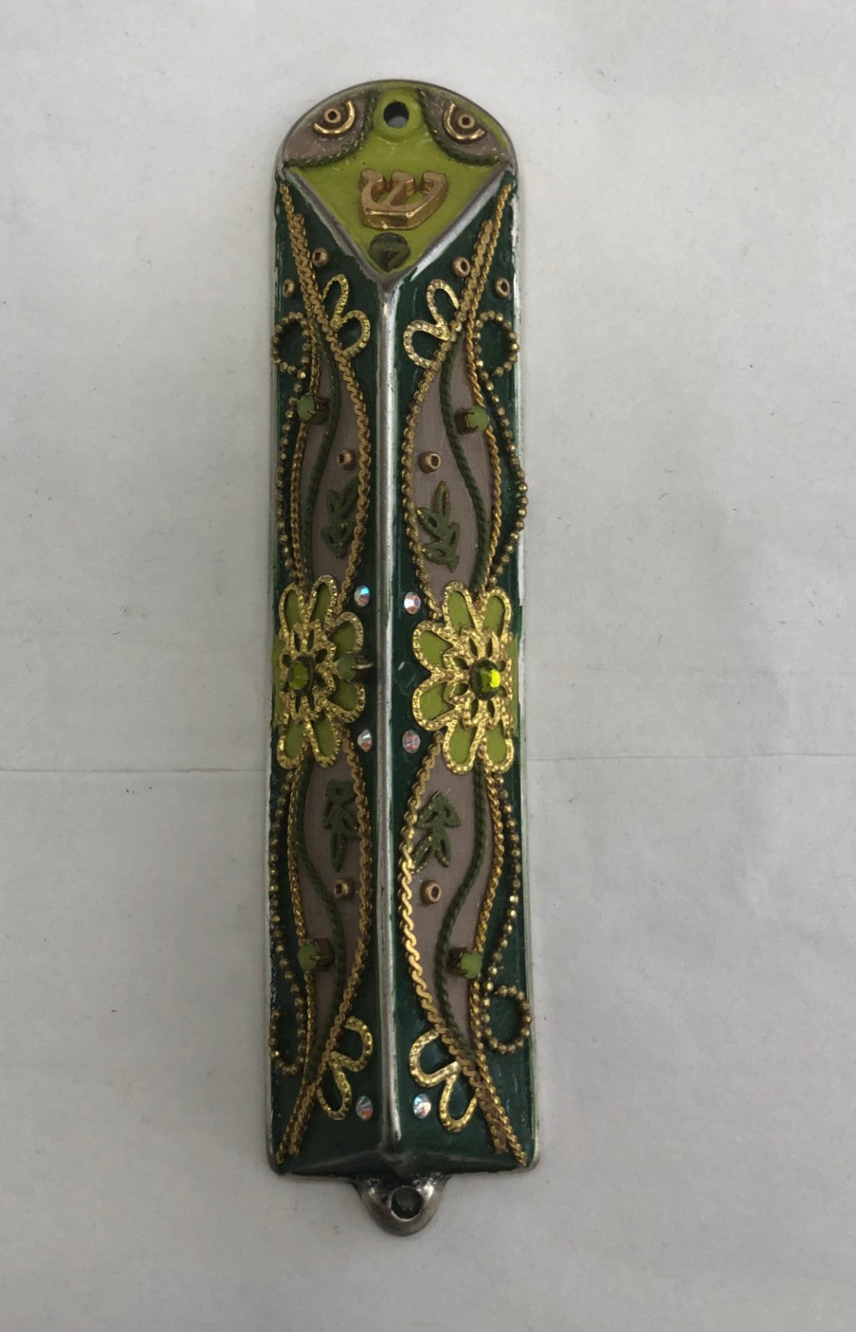 Handmade Metal Mezuzah Case - Moss Green, Made in Israel - Riverdale Judaica