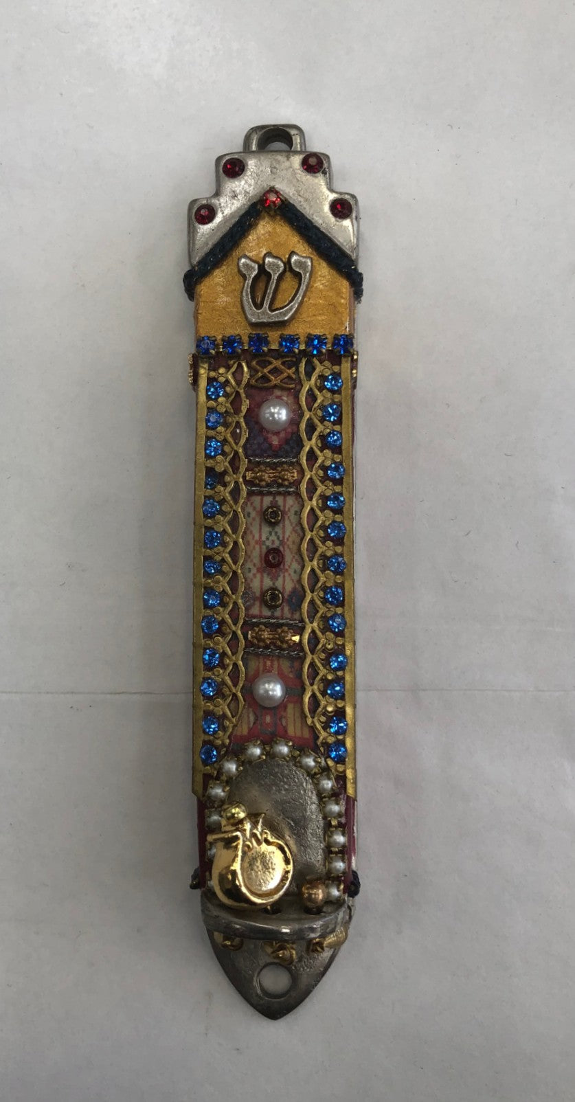 Modern Handmade Mezuzah Case with Blue Stones, Made in Israel