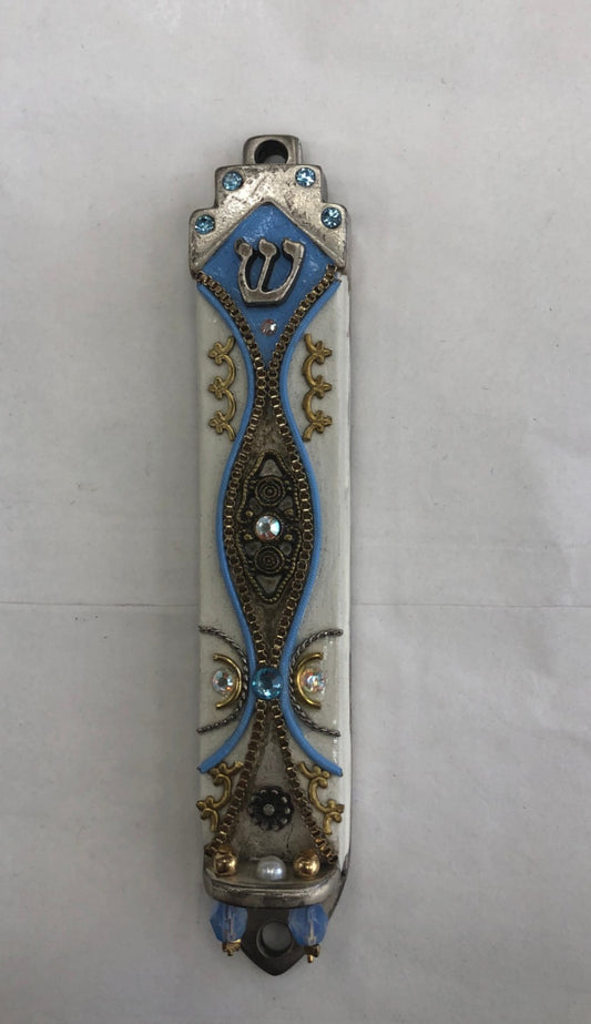 Modern Handmade Mezuzah Case Blue & White, Made in Israel