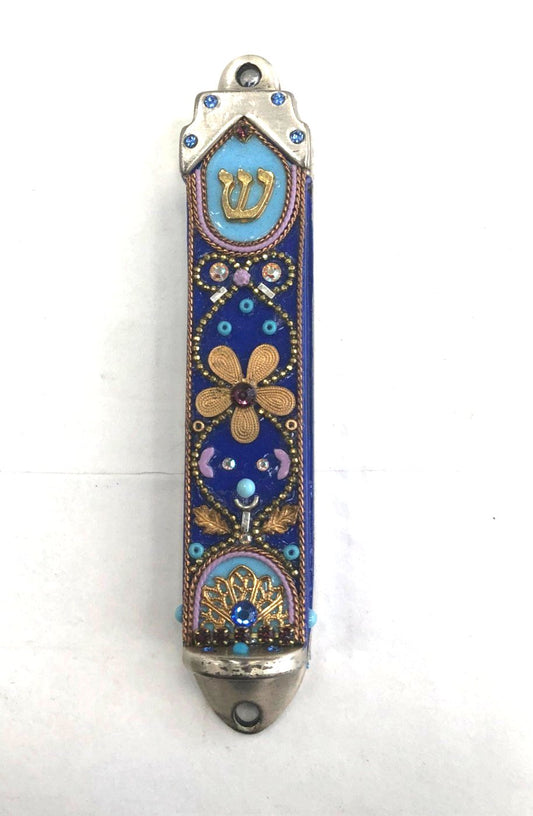 Modern Handmade Mezuzah Case - Blue with Flower, Made in Israel