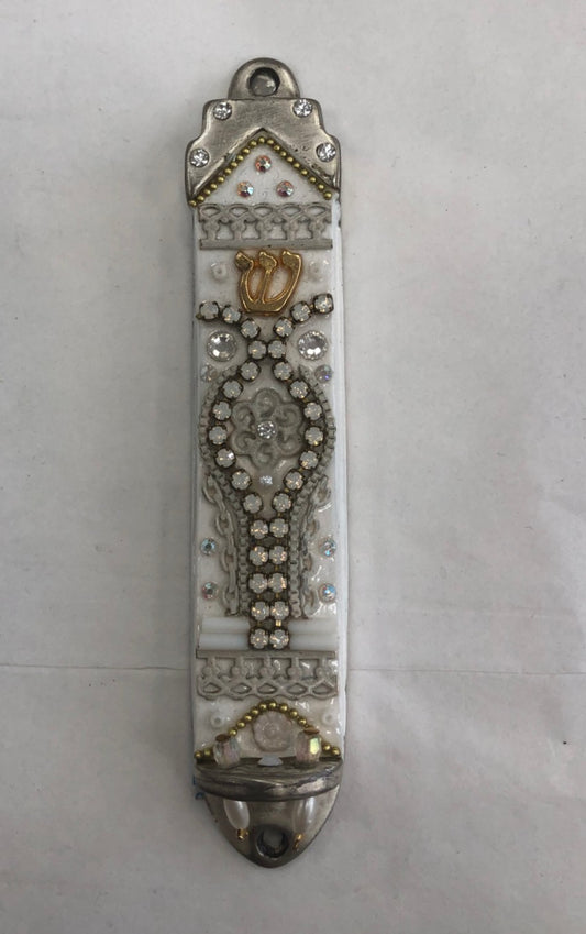 Modern Handmade Mezuzah Case - White with Stones, Made in Israel