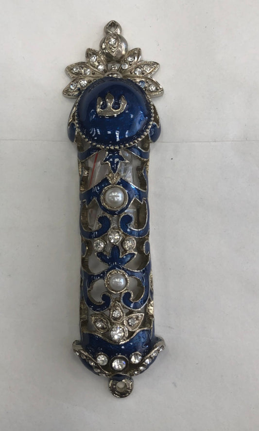 Handmade Jeweled Mezuzah Case - Blue with Stones