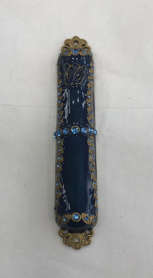 Handmade Jeweled Mezuzah Case - Blue & Gold